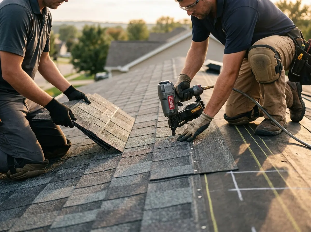Professional roofer working on a residential roof in Alcoa